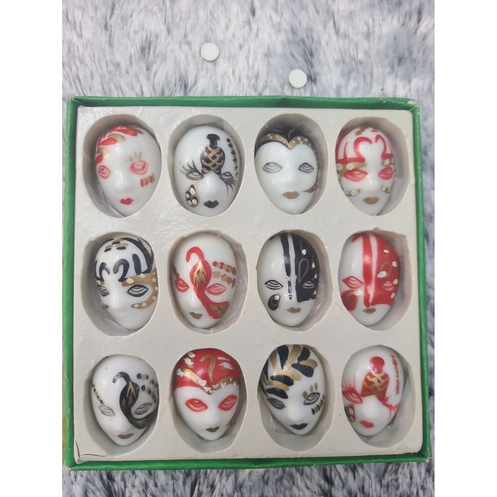 Stunning Hand Painted Mask Pins 12 Pc Assorted Black Gold White Red Vintage